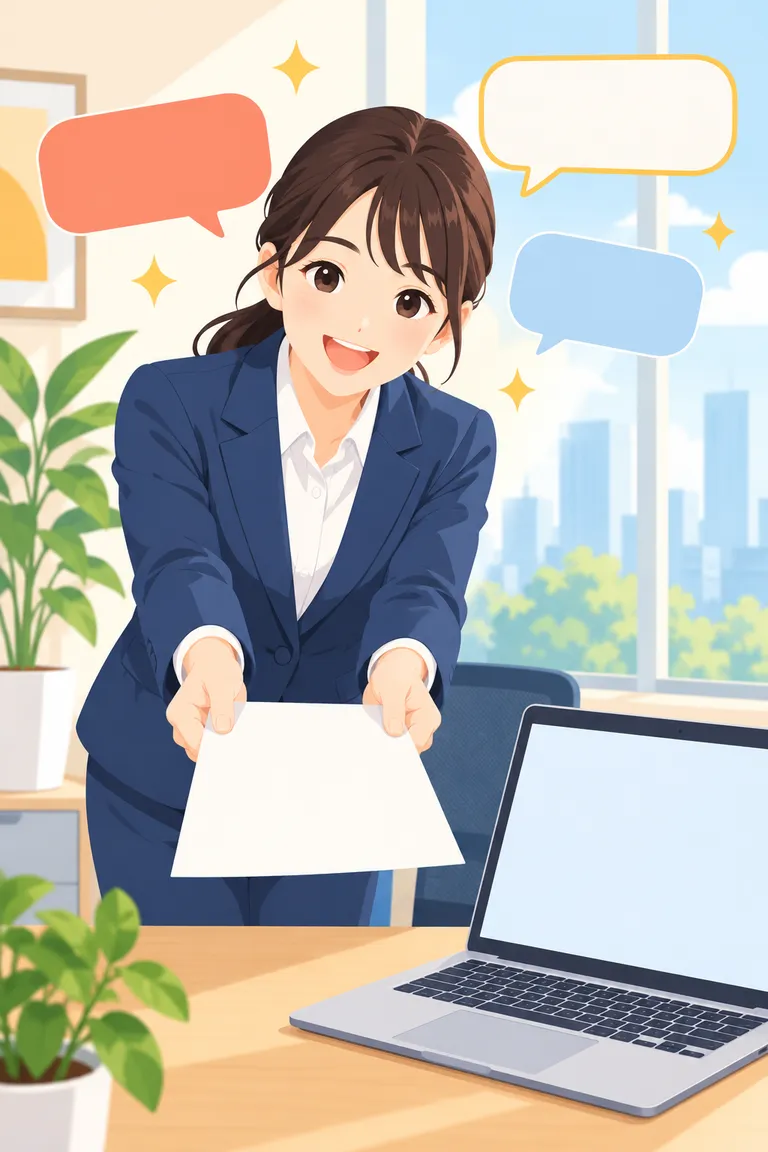 書類を両手で丁寧に差し出す会社員のイラスト
